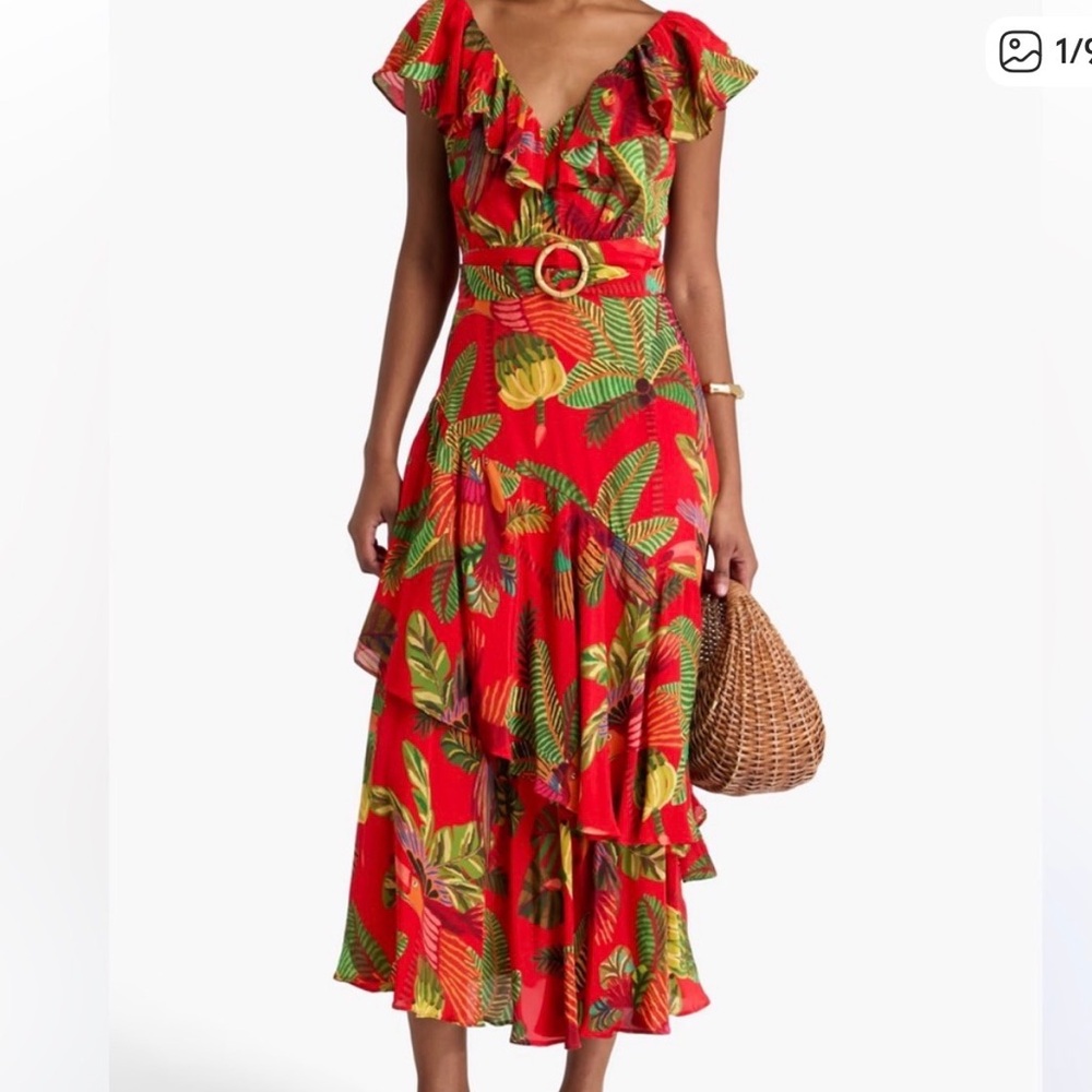 Farm Rio Belted Ruffle Crepe Red Parrot Jungle Print Midi Dress SIZE XL
